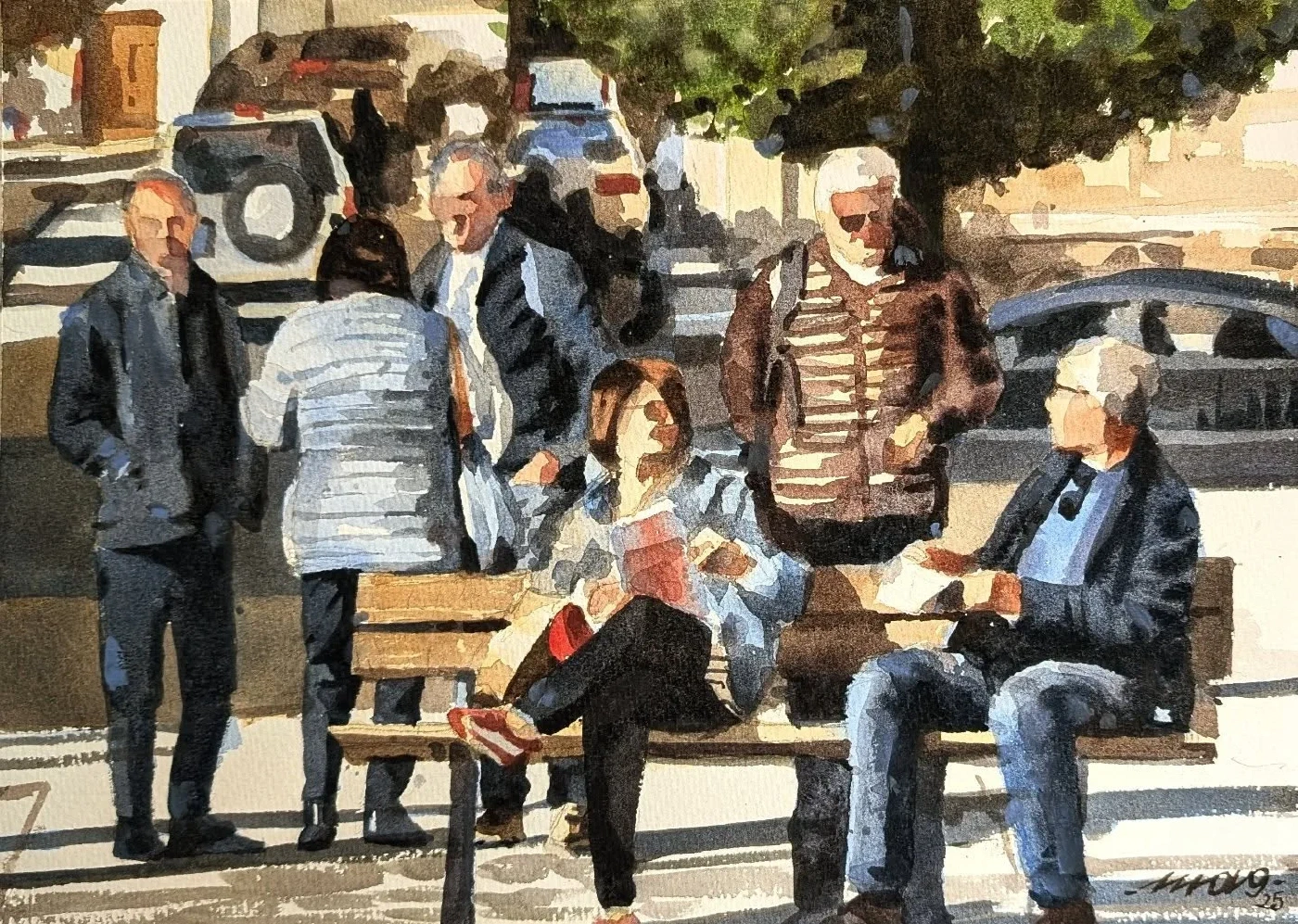Attesa in città — acquerello di Marco Novo