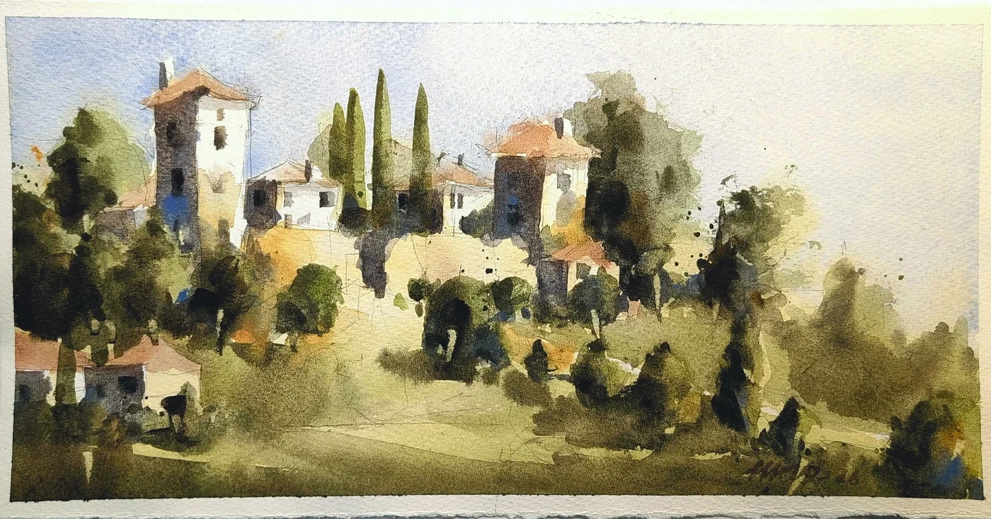 Il giardino dei cipressi — acquerello di Marco Novo