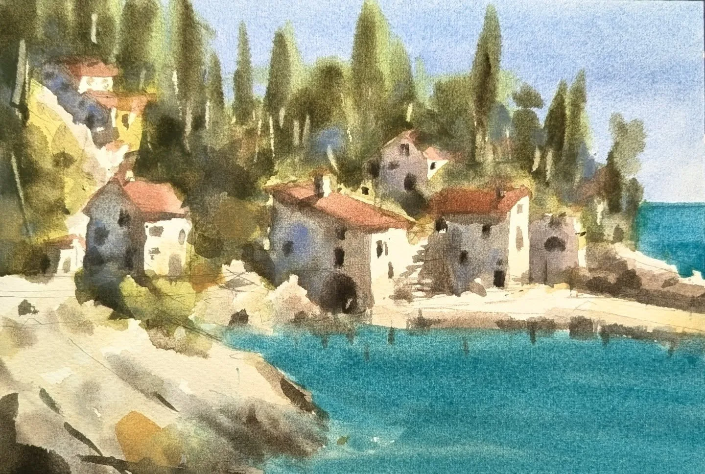 Acquerello di un paesaggio mediterraneo