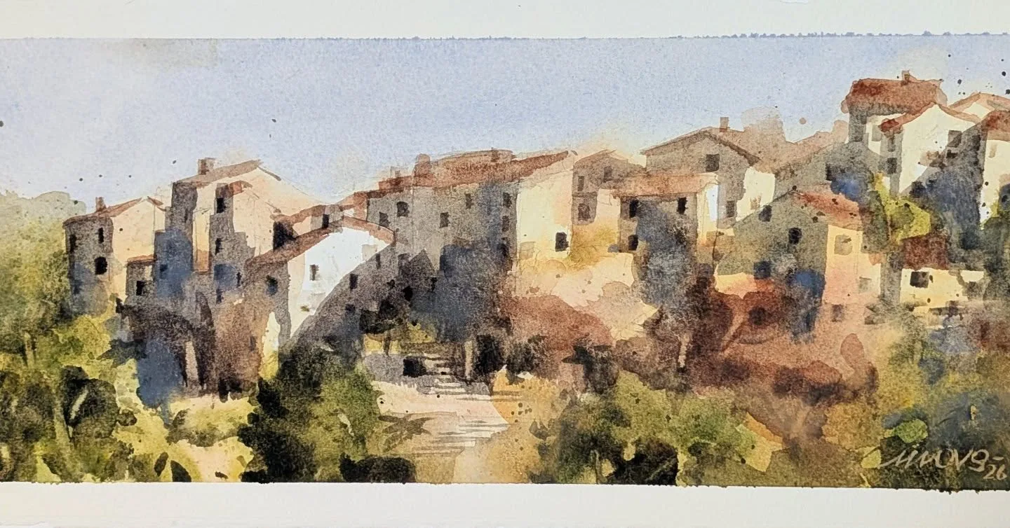 Acquerello di un borgo sul crinale