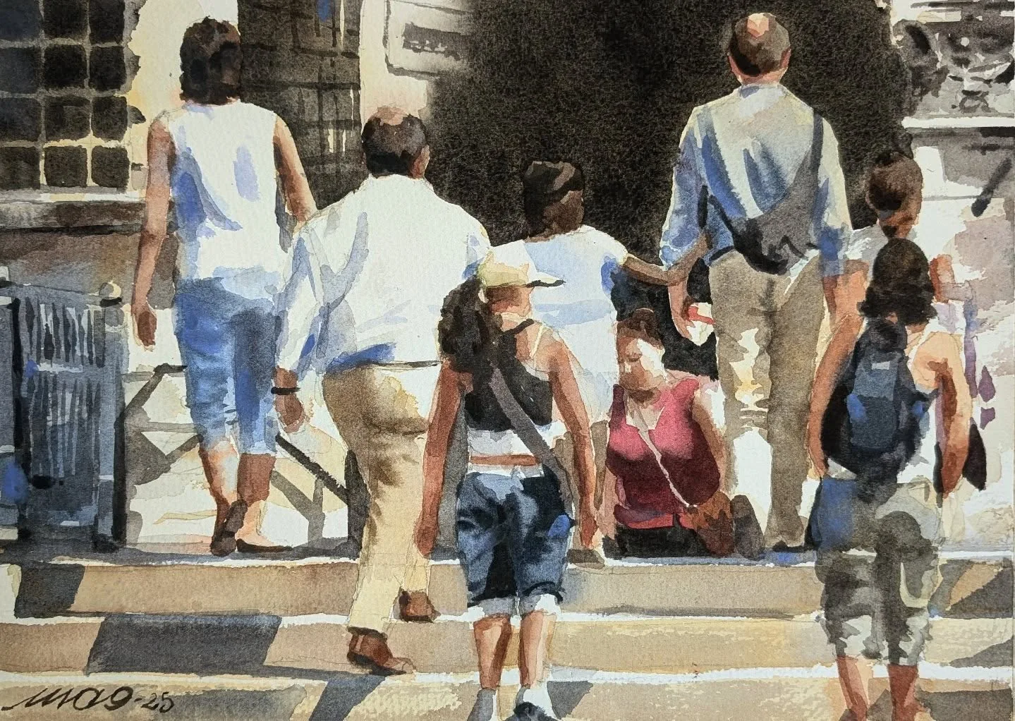 Acquerello di persone viste di spalle