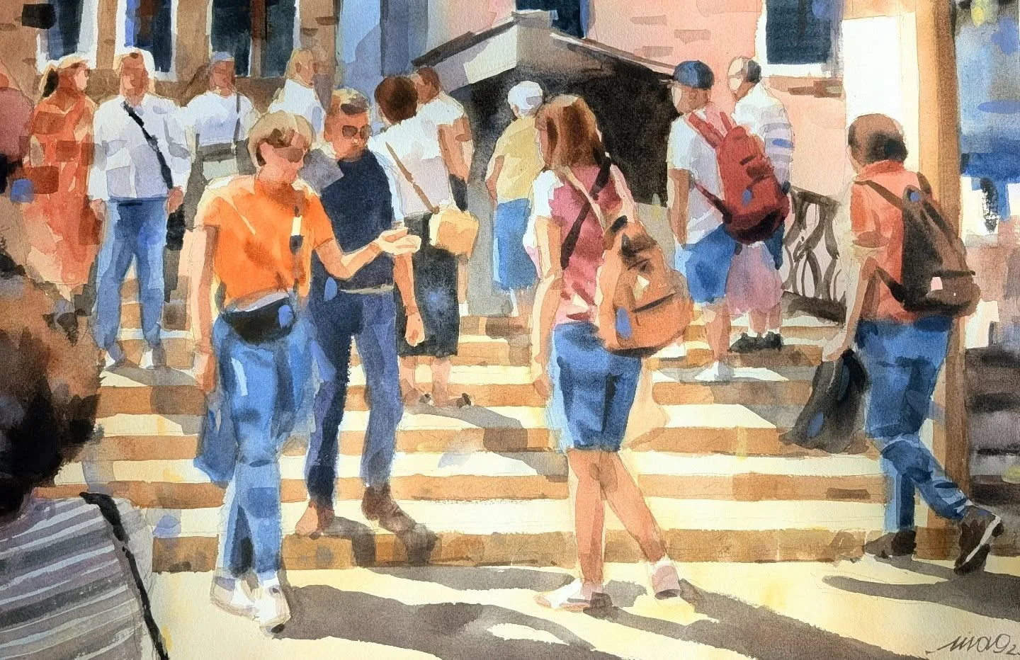 Acquerello di una scena urbana con persone
